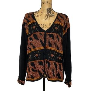 Vintage N8tive Nits Black Gold Beaded Embroidery Button Cardigan XL